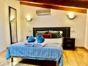een slaapkamer met een bed met blauwe kussens erop bij Luxury Duplex Malaga Center in Málaga