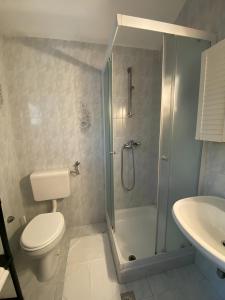 a bathroom with a shower and a toilet and a sink at Apartmani Ana Borovac in Funtana +32 photos