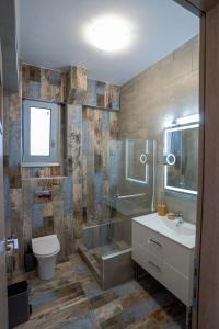 a bathroom with a shower and a toilet and a sink at Ocean View Villa in Kineta