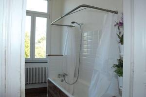 La salle de bains est pourvue d'une douche avec rideau de douche. dans l'établissement Petit château à la campagne., à Beloeil