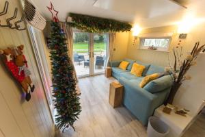 a living room with a blue couch and a christmas tree at Sutton Cabins in Stowey