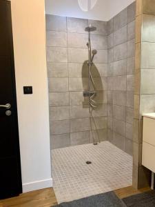 a shower stall in a bathroom with a tiled floor at La Rose Trémière in Parentis-en-Born +13 photos