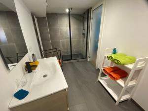a bathroom with a white sink and a shower at Appartement spacieux - cœur historique de la ville in Barr +37 photos