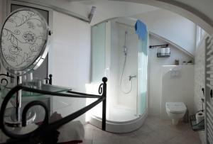 a bathroom with a glass shower and a toilet at Bed & Breakfast Vila Baguc in Split