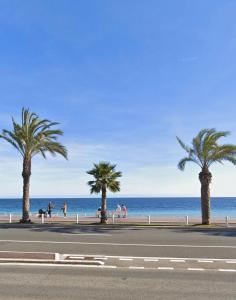 uma rua com palmeiras na praia em Apart Nissa Bella Seafont / Promenade des Anglais em Nice