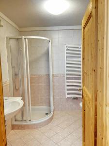 uma casa de banho com um chuveiro e um lavatório. em Luxury Chalet at the Foot of the Dolomites by the Castle em La Villa