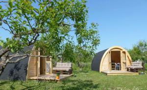 une petite tente en forme de dôme avec 2 chaises dans l'herbe dans l'établissement B2B Campingpods Volkach, à Volkach