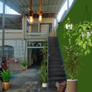 un escalier dans un bâtiment avec des plantes en pot et des lumières dans l'établissement Casa Jardim Hostel BH - Santa Efigênia - Paraíso, à Belo Horizonte