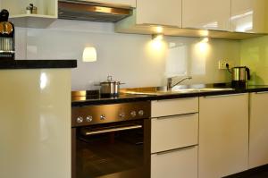 a kitchen with a stove and a sink at ZeiTraum Ferienwohnung Rohrhardsberg in Elzach