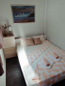 斯維尤拉伊的住宿－Mobile home Aurora，一间卧室配有一张大床和两条毛巾