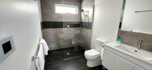a bathroom with a shower and a toilet and a sink at Beach Getaway - Blessington Villa in South Arm