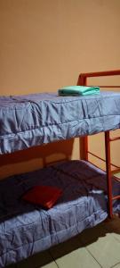 a bunk bed with a blue sheet on top of it at Alojamiento El Remanso in Puerto Iguazú