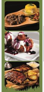 un collage di tre immagini di cibo su piatti di Hotel Pin Azuga ad Azuga
