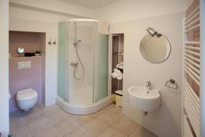 a bathroom with a shower and a toilet and a sink at Bed & Breakfast Vila Baguc in Split