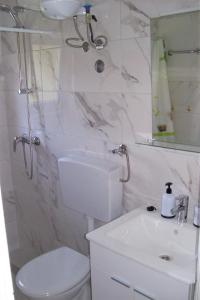 a white bathroom with a toilet and a sink at Dinka's Apartment in Stari Grad