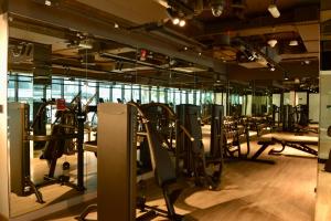 a gym with rows of exercise equipment in a room at Luxurious Smart Home in Dubai