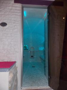 ein Badezimmer mit Dusche mit Glastür in der Unterkunft Dormir Ben Aise Hammam Massages in Maillezais