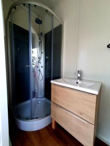 W łazience znajduje się prysznic i umywalka. w obiekcie La calade w mieście Bargème
