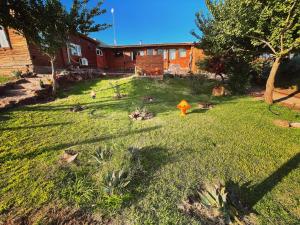 a yard with a fire hydrant in the grass at Fario Fishing Lodge in Villa El Chocón