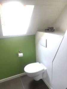 bagno con servizi igienici bianchi e parete verde di Blanche & basil a Pleine-Fougères