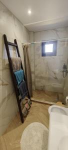 a bathroom with a shower and a toilet and a rug at theasis1 in Neos Marmaras