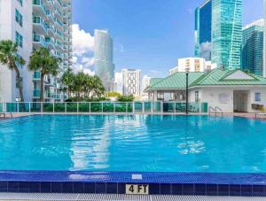 a large swimming pool in a city with tall buildings at Elegant king bedroom Loft in Miami