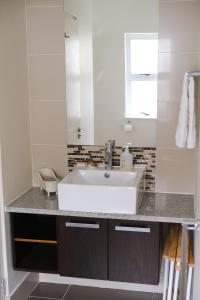 uma casa de banho com um lavatório branco e um WC. em Penguin Paradise Apartment Simons Town em Simonʼs Town