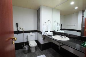 Un baño con lavabo, inodoro y espejo. en Da Vinci Hotel & Conventions by Easy Hotéis, en Manaus