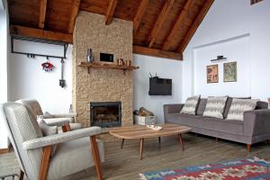 a living room with a couch and a fireplace at Yaban Yasam Chalets in Yolcatı