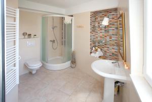 a bathroom with a shower and a toilet and a sink at Bed & Breakfast Vila Baguc in Split