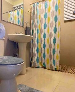 ein Bad mit einem WC und einem Duschvorhang in der Unterkunft House Salinas - The best part of your getaway in Salinas