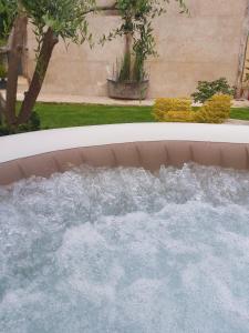 uma banheira de hidromassagem cheia de água num quintal em Gite de charme au bord de l'Indre avec jacuzzi em Monts