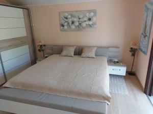 een slaapkamer met een bed en een schilderij aan de muur bij Villa M & D in Sveti Filip i Jakov