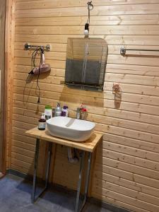 a bathroom with a sink on a wooden wall at Gurgeniani Twin Cottages in Lagodekhi