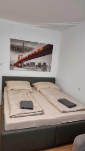 a bed with two pillows on it in a room at Premier Triple room MZ in Vienna