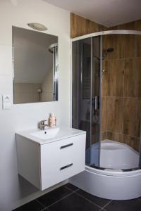 a bathroom with a white sink and a shower at Domek na Wzgórzu in Cieszyn