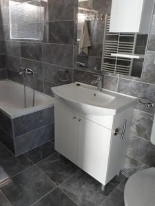 uma casa de banho com um lavatório, uma banheira e um WC. em Sunrise- apartmani uz more em Betina