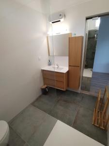 La salle de bains est pourvue d'un lavabo, d'une douche et de toilettes. dans l'établissement Grand studio spacieux et climatisé, à Saint-Raphaël
