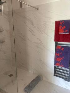 a shower with a glass door and a red towel at Escale à Saint-Tropez in Saint-Tropez