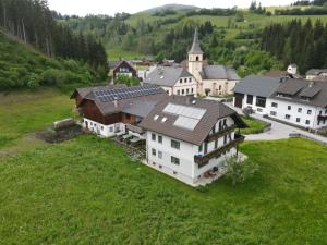 an aerial view of a house in a green field at Ferienwohnung Sagmeister Wirtgut St. Andrä in Sankt Andrä im Lungau