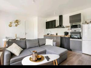 uma sala de estar com um sofá cinzento e uma cozinha em Appartement Cosy à 8 min Disney 20 min Paris em Montévrain