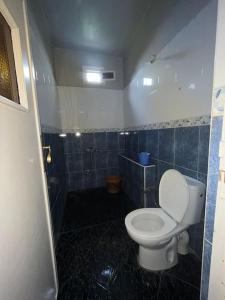 a bathroom with a white toilet and a blue tiled wall at Maison calme et paisible in Beni Mellal