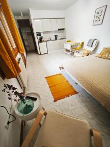 Habitación con 2 camas, lavabo y cocina. en El Penell Estudi Garbí, en Vilamaniscle