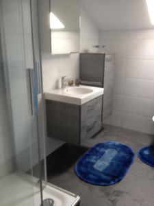 a bathroom with a sink and a glass shower at Staldenried Ferienwohnung in Staldenried