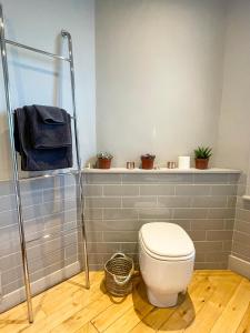 a bathroom with a toilet and a shower at Home in Chiswick Homefields in London
