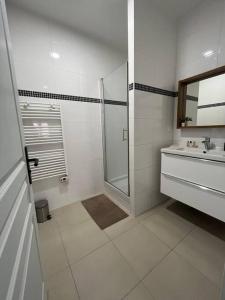 a white bathroom with a shower and a sink at Bel appartement à 15 min de Lyon in Saint-Fons
