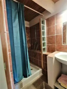 baño con cortina de ducha azul y lavamanos en T2 indépendant dans villa., en Le Pradet