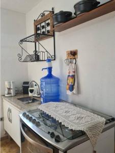 a kitchen with a sink and a counter top at Mini Casarão in São Bento do Sapucaí