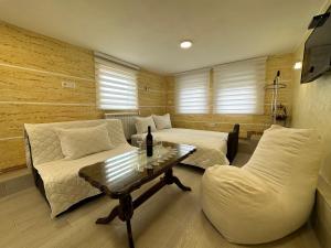 莫伊科瓦茨的住宿－Pejovic apartmani Mojkovac，客房设有两张床、一张沙发和一张桌子。