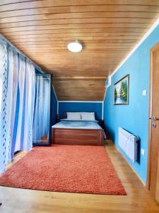 a bedroom with blue walls and a bed with a red rug at Holiday Home Darko in Žabljak